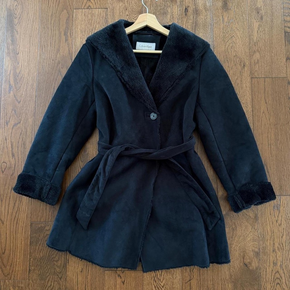 Calvin Klein Women's XS Black Faux Shearling Belted Coat
